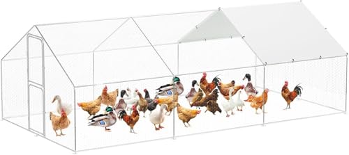 Heavy Duty Walk-in Chicken Coop, Large Metal Poultry Cage with Waterproof UV Cover & Round Top Design