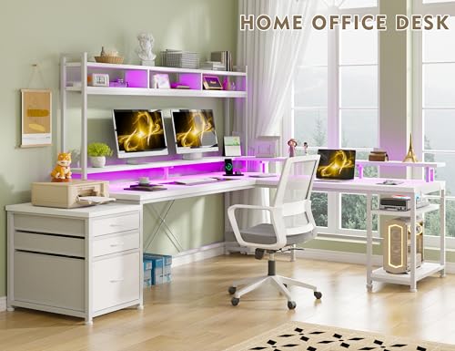 EnHomee Large L Shaped Gaming Desk with Hutch and Drawers, 64" W Reversible Computer Desk with Storage Shelves