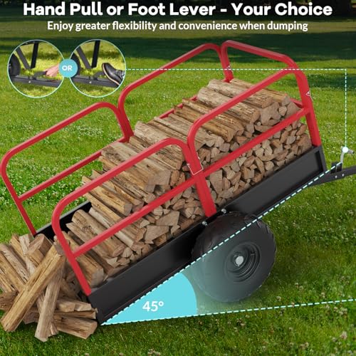 Heavy Duty ATV Trailer Dump Car, Utility Steel Yard Trailer, 1700-Pound Capacity Garden Dump Carts, Hand Pull or Foot Pedal Dump Cart for ATV, UTV