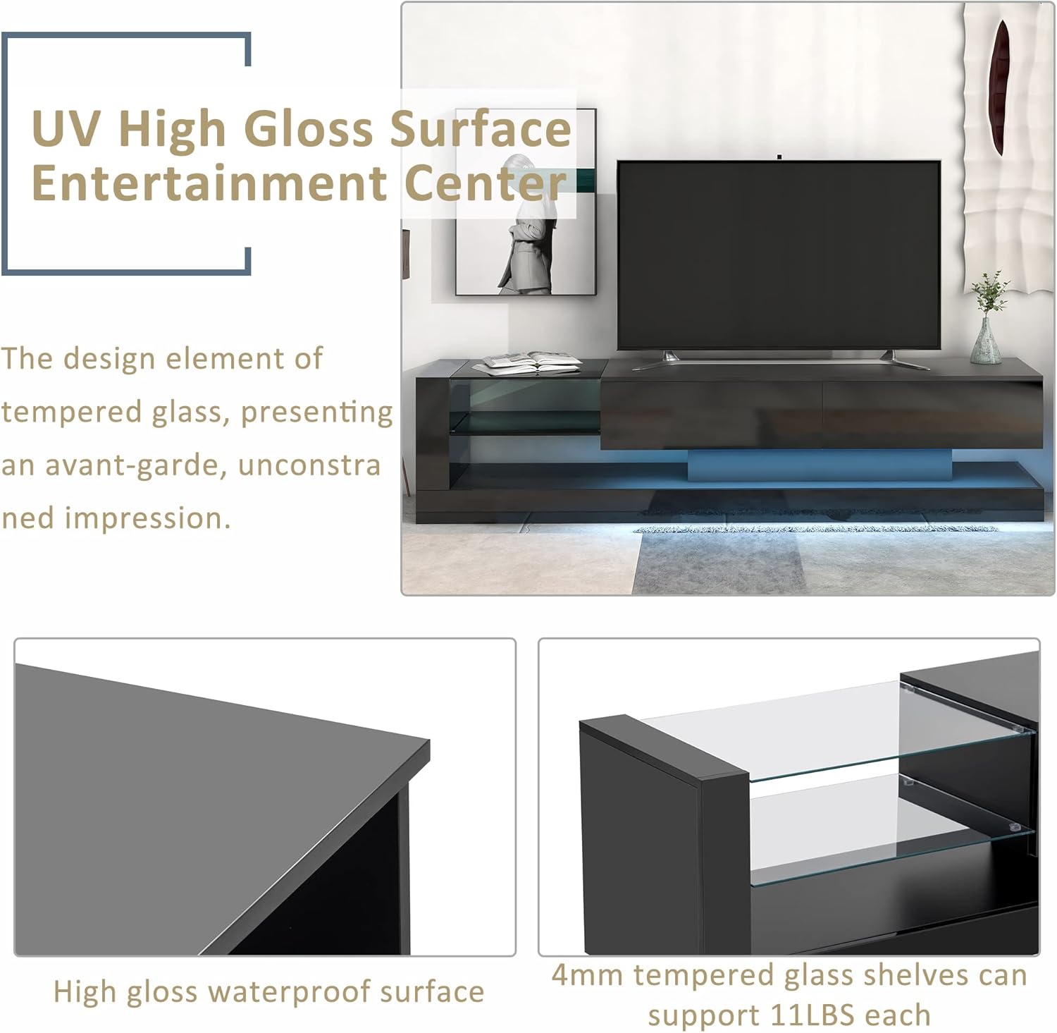 CITYLIGHT High Gloss TV Stand with LED Lights and 2 Media Storage Cabinets, Modern High Gloss Entertainment Center for 75 Inch TV