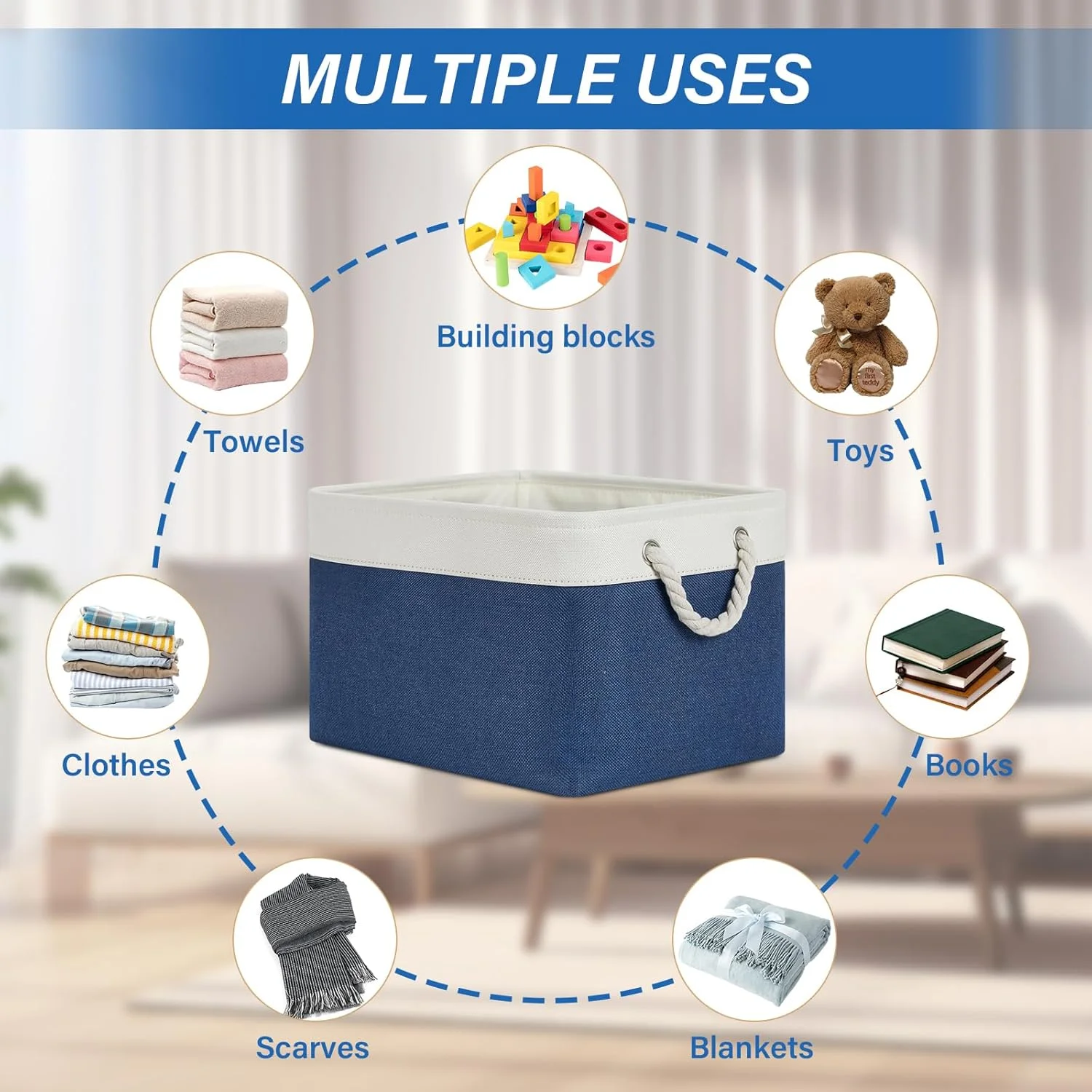 Fabric Storage Baskets 4Pack Storage Bins Decorative Basket for Gift, Clothes Bin with Rope Handle, Rectangle Baskets for Storage, Blankets(White&amp