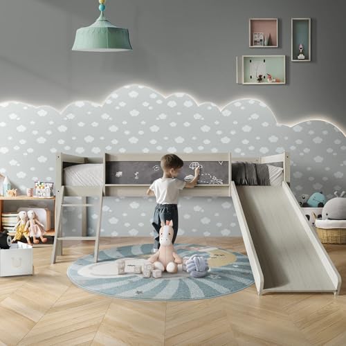 Low Loft Bed with Slide, Climbing Ladder, Chalkboard, Wood Twin Loft Bed Frame with Guardrail for Kids Toddler Boys Girls, Antique Gray