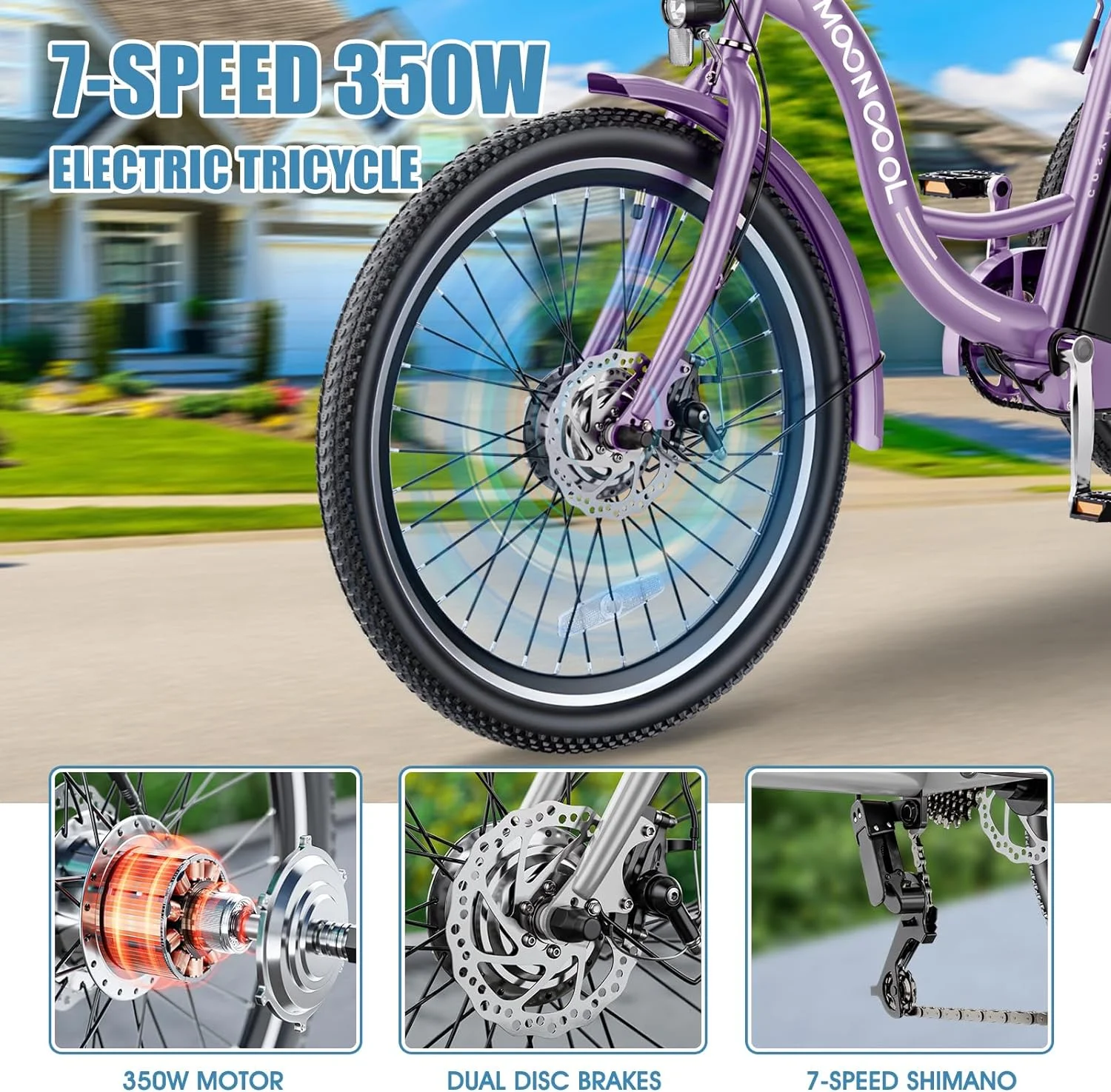 MOONCOOL 350W Motorized Electric Trike, 7 Speed 3 Wheel Electric Bicycle with 36V 14.5Ah Lithium Battery UL Certified