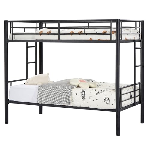 VECELO Metal Loft Bed Twin Size, Heavy Duty Bedframe with Removable Ladder and Safety Guardrail, Space-Saving, Noise Free, No Box Spring Needed