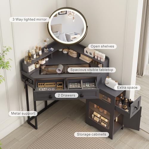 Corner Vanity Desk with Mirror and Lights, Modern Makeup Vanity with Charging Station & Human Sensor Light