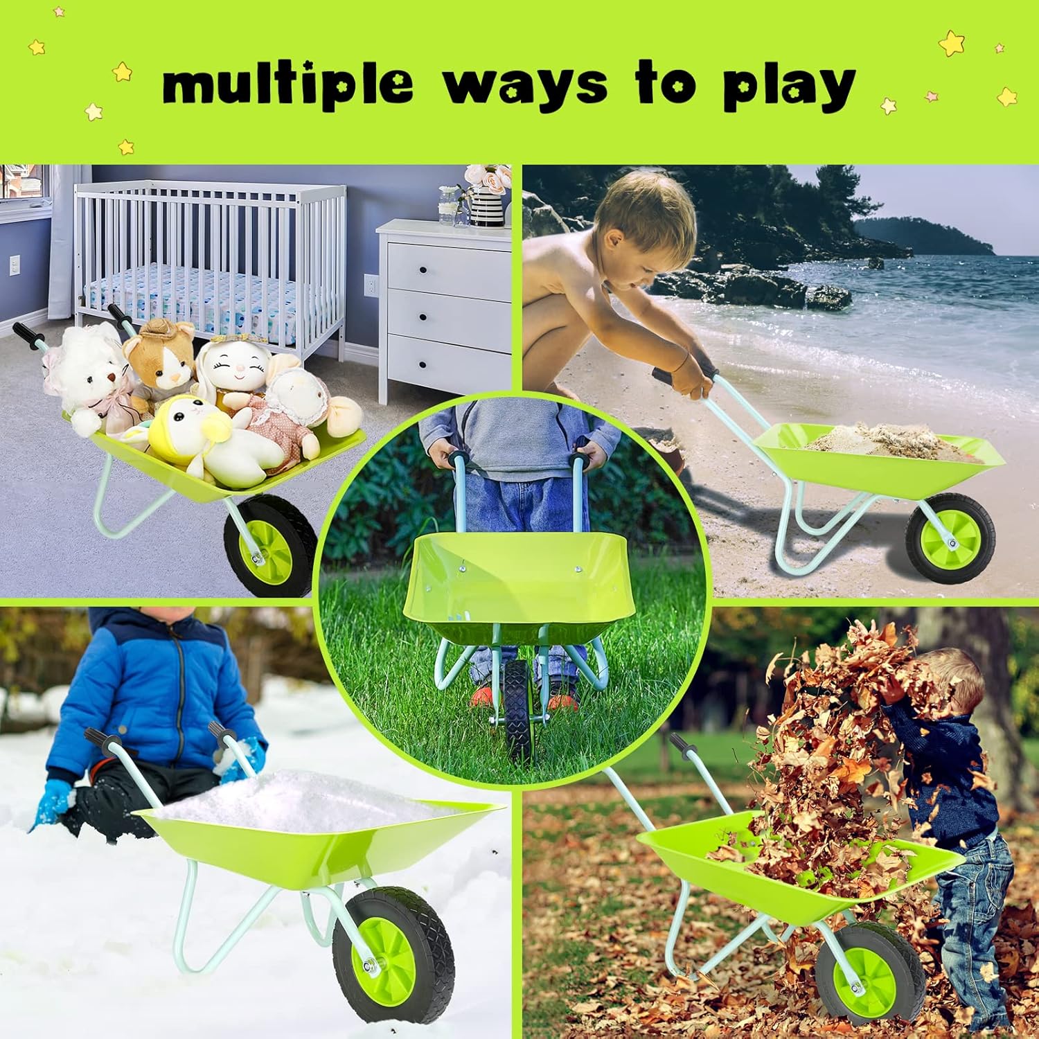 STBoo Kids Wheelbarrow Gardening Tools Set, Metal Child Wheel Barrel with Hand Rake, Shovel, Mini Garden Carts Outdoor Play Yard Work