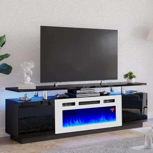 AMERLIFE Fireplace TV Stand with 40" Fireplace, 80" Modern High Gloss Fireplace Entertainment Center LED Lights