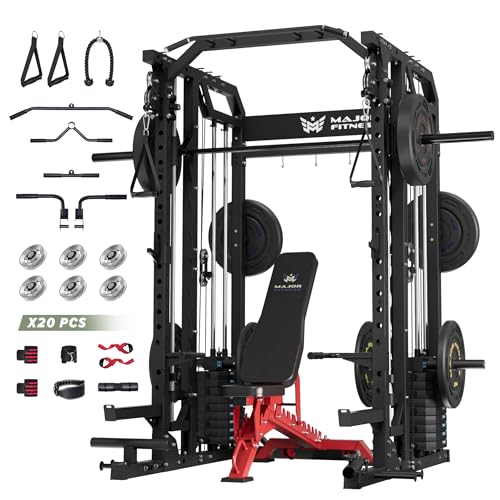 Major Fitness Smith△ Machine Drone2 Premium, All-in-One Home Gym Squat Rack with Aluminum Pulley Set , Weight Bar
