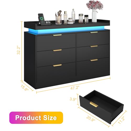 White Dresser with LED Lights, Wooden LED Dresser, 4 Drawer Chest with Charging Station, Tall Chest of Drawer Closet Organizer for Bedroom