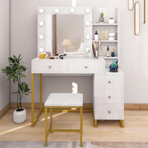YITAHOME Makeup Vanity Desk with Mirror & Power Outlet, Hollywood Vanity Set with Hidden Jewelry Storage, 5 Drawers and Lots Shelves