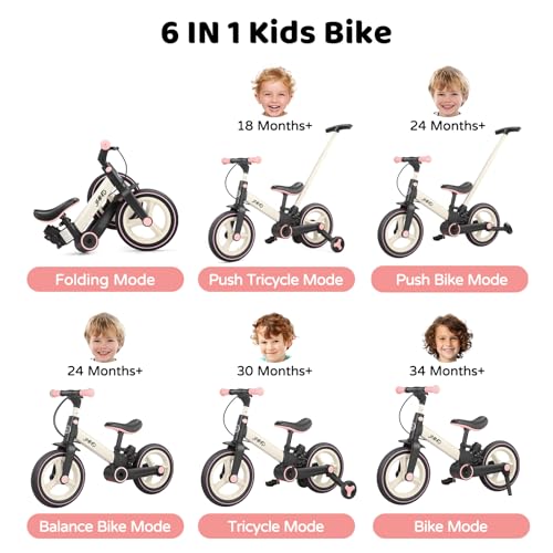 JMMD Toddler Bike with Push Handle for Kids 18-60 Months, 6 in 1 Foldable Push Bike with Training Wheels, Pedals, Brakes, Kickstand
