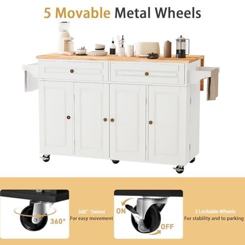 67’’ Movable Kitchen Island with Drop Leaf and Power Outlet, Lockable Sliding Countertop Rolling Island Cart with 2 Large Drawers, Spice, Towel Rack