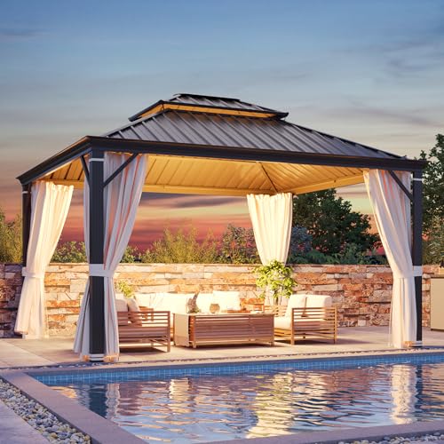YOLENY 10' x 12' Hardtop Gazebo, Metal Gazebo with Aluminum Frame, Double Galvanized Steel Roof, Curtains and Netting Included