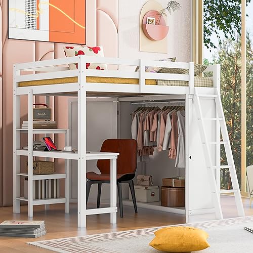Harper & Bright Designs Full Size Loft Bed with Wardrobe and Desk, Solid Wood Loft Bed Frame with Storage, for Kids Teens Adults (Full Size, White)