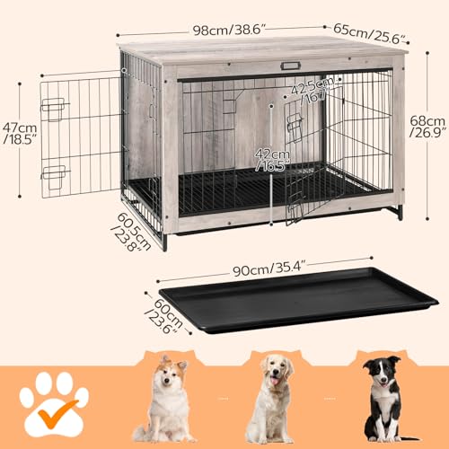 HOOBRO Dog Crate Furniture, 38.6" Large Dog Kennel Indoor, Wooden Cage with Pull-Out Tray