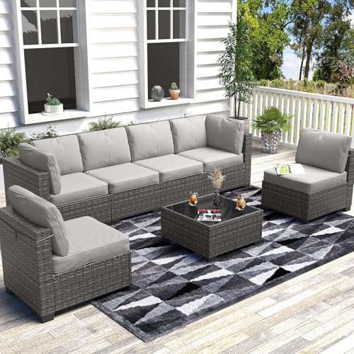 6 Piece Outdoor Patio Furniture Set with Coffee Table, Rattan Deck Conversation Sofa Set