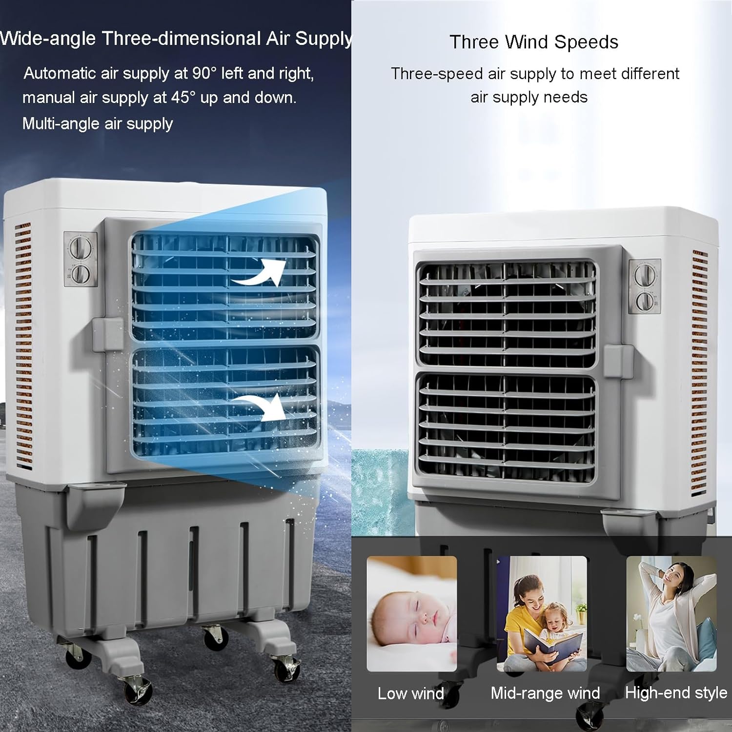 Commercial Evaporative Air Cooler Fan, 3-in-1 Swamp Cooler with 120L/26 Gal Water Tank, 3 Speeds, Household Cooler