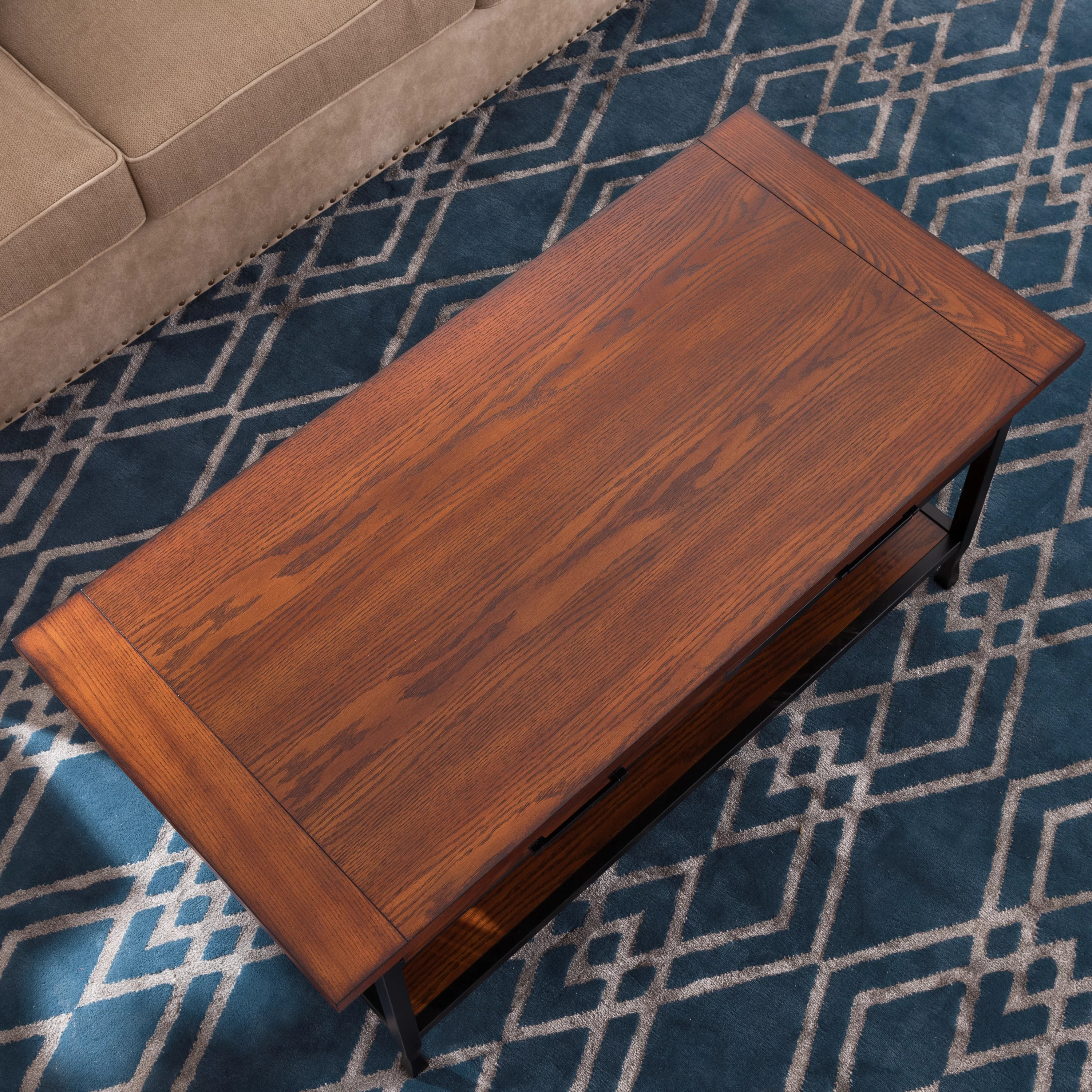 Leick Home 11204 Ironcraft Two Drawer Rustic Coffee Table with Shelf, Mission Oak and Black