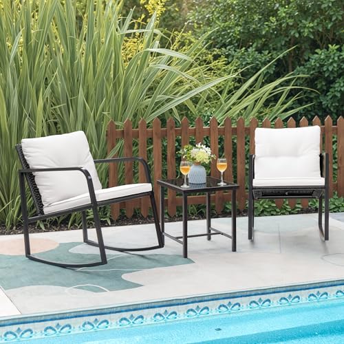 Greesum 3 Pieces Rocking Wicker Bistro Set, Patio Outdoor Furniture Conversation Sets with Porch Chairs and Glass Coffee Table, Beige