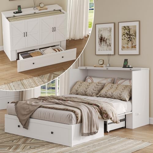 Queen Murphy Bed with Storage & Charging Station, Murphy Cabinet with Foldable Panel, Noisy Free, for Guest Bedroom, Living Room, Office