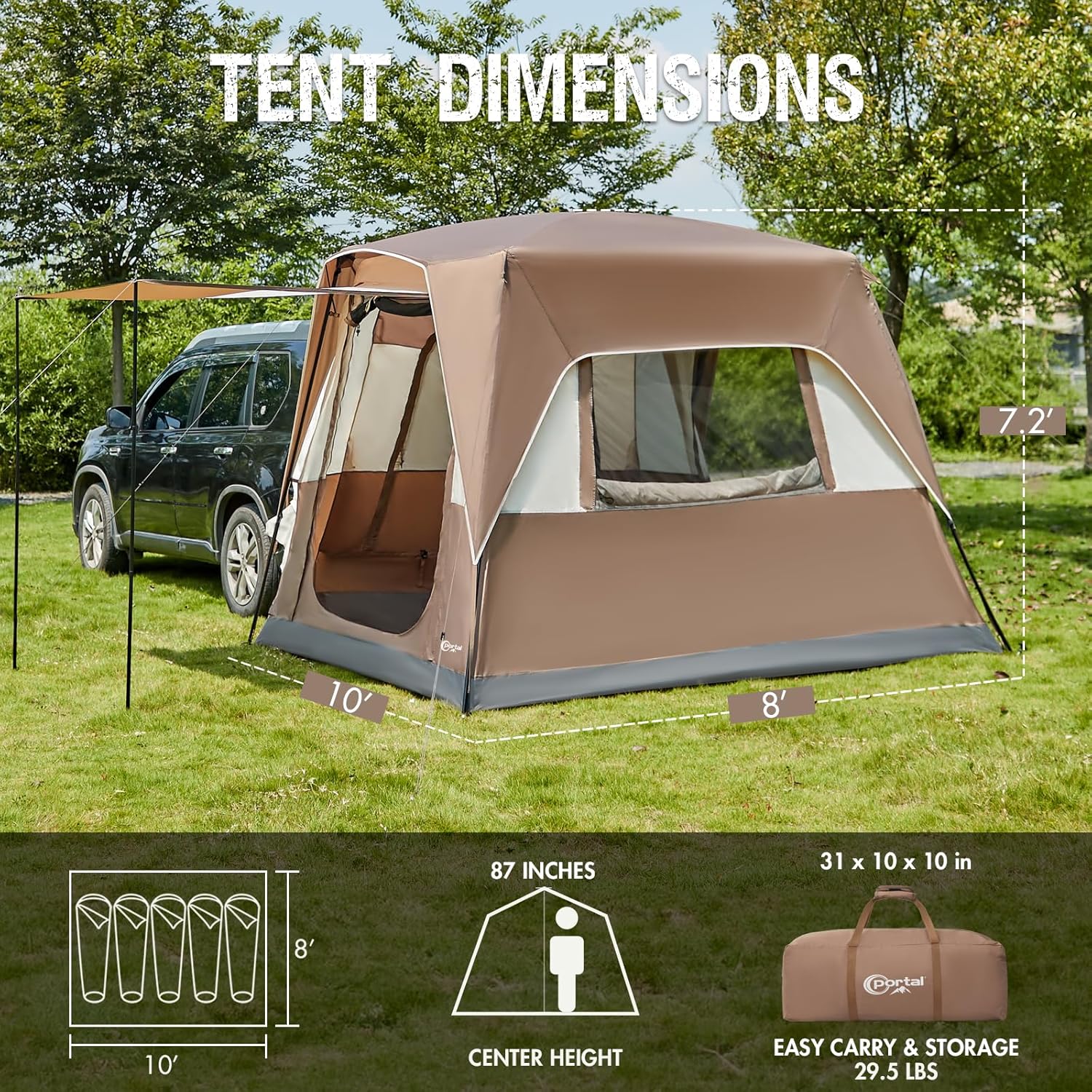 Portal 2-in-1 5 Person SUV Tent with Porch for Camping, Spacious Car Trunk Tent with 2 Doors for Travel Camp Outdoor Tailgate