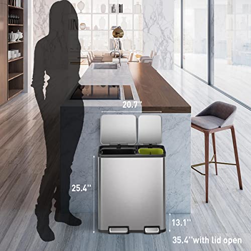 EKO EcoCasa II 36L+24L Dual Trash Can with Recycle Bin, Stainless Steel Garbage Can with Lid, Deodorizer Compartment