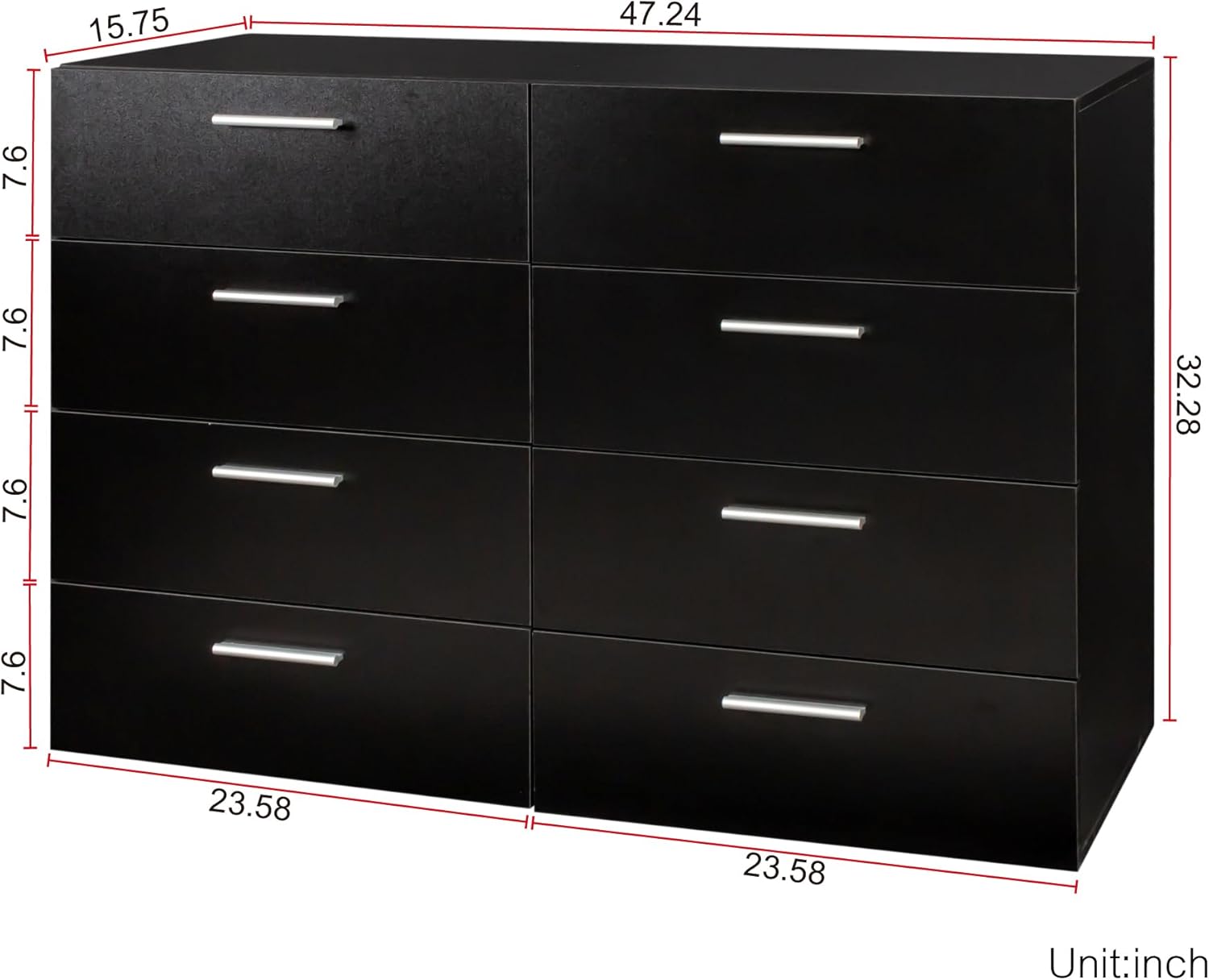 8 Drawer Double Dresser, Black Dresser for Bedroom, Modern Dresser Chest with Wide Drawers, Wood Storage Chest of Drawers for Living Room, Black