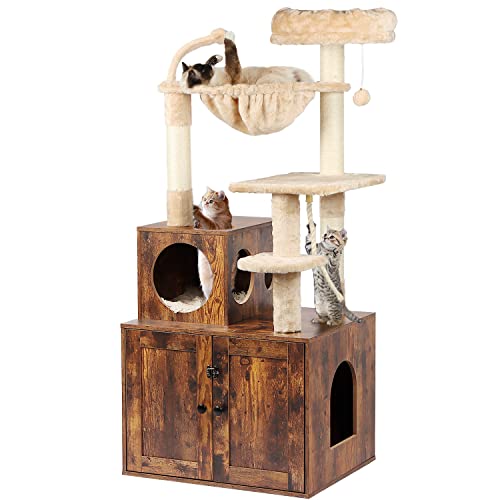 Cat Tree with Litter Box Enclosure, 2-in-1 Cat Tower for Indoor Cats, Large Wood Cat Condo with Basket, Scratching Posts, Pompoms, Rustic Brown