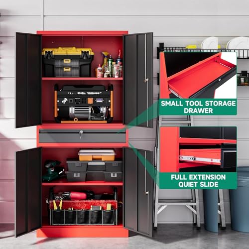 Letaya Metal Garage Storage Cabinet with Drawer,4 Door Tool Cabinet with Lock-2 Adjustable Shelves for Garage Home Office Utility Room (Black)