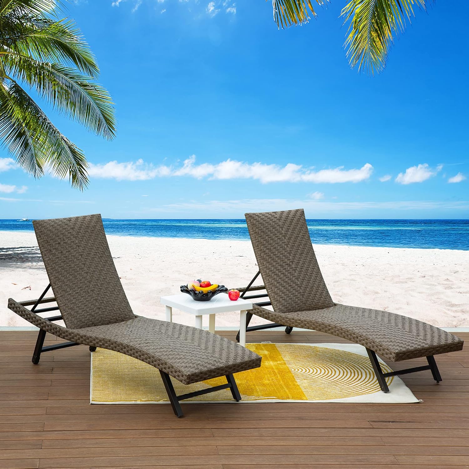 Outdoor Chaise Lounge（2021 New）- Aluminum Wicker Padded Lounge Chairs with Wheels,Adjustable Back and Quick Dry Foam,for Patio,Poolside,Yard,Garden