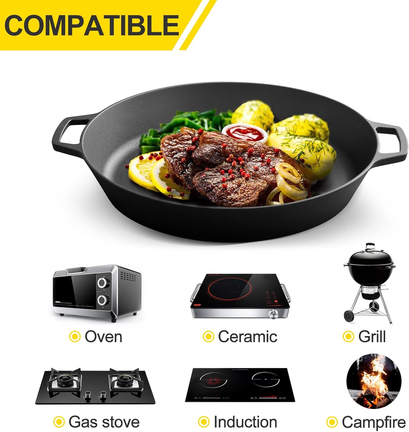 Pre-Seasoned Cast Iron Skillet ,Seasoned Large 15 Dual Handle Frying Pan, Cast Iron Pan for Bread, Baking,Pizza, Indoor / Outdoor Cooking, Camping