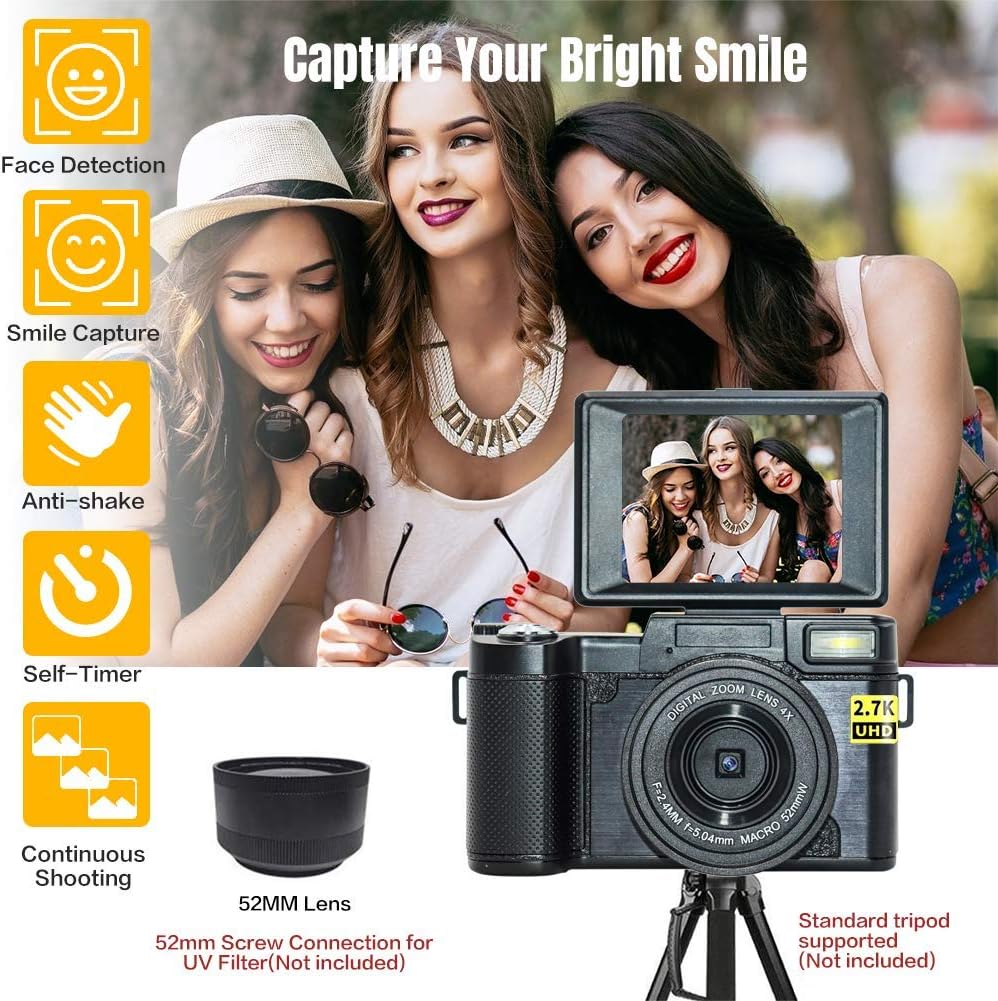 2.7K Digital Camera Vlogging Camera 30MP Full HD Digital Camera with Retractable Flash Light Camera 3 Inch Flip Screen Vlogging Camera for YouTube