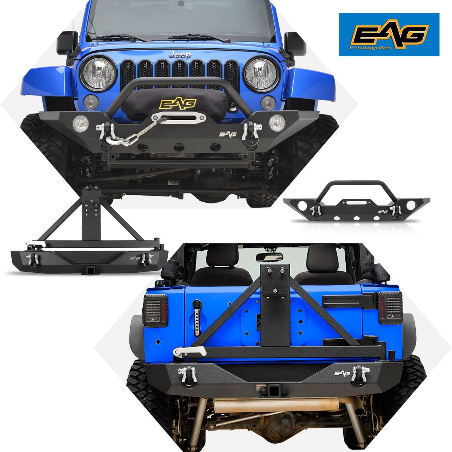 EAG JK Bumper Combo Front and Rear Bumper with Tire Carrier Fit for 2007-2018 Wrangler JK