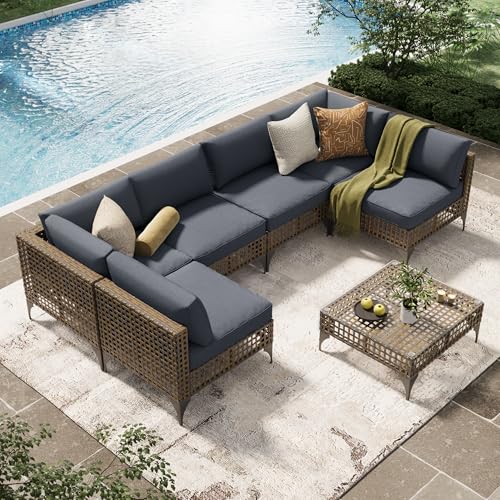 U-MAX 7 Piece Outdoor Patio Furniture Set, PE Rattan Outdoor Wicker Sectional Furniture Chair Set with Cushions and Tea Table