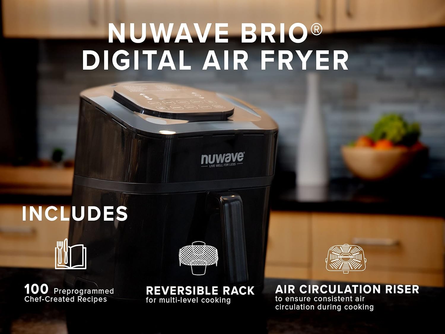 NUWAVE Brio Digital Air Fryer 7.25-Quart with One-Touch Digital Controls, 100 Easy Presets, Precise Temperature Control, Reversible-Rack, Recipe Book