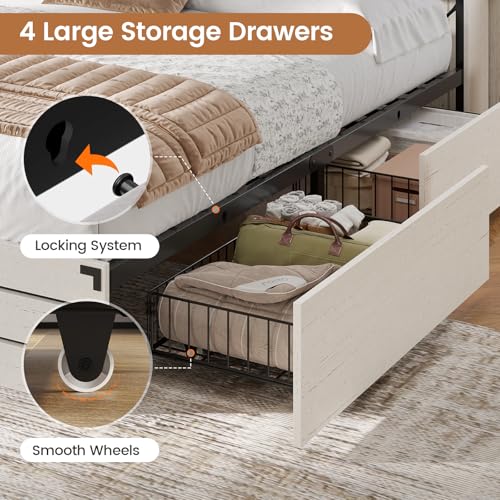 VIAGDO Wooden Bed Frame Queen Size with Bookcase Headboard and Sliding Barn Door, Farmhouse Queen Bed Frame with Charging Station