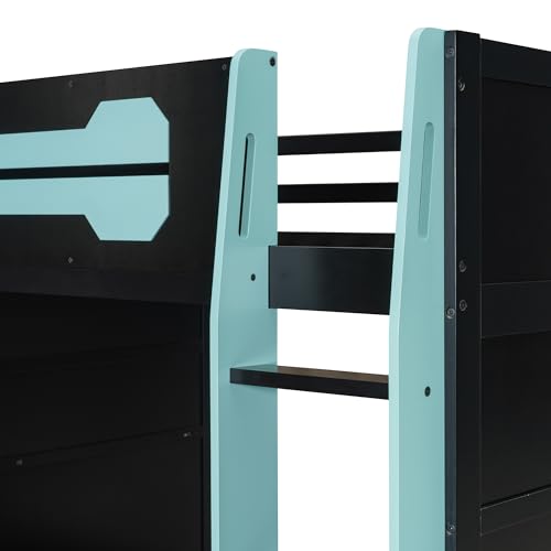 Gaming Bed with Desk,Wardrobe,Ample Storage Space,and RGB LED Light, Full Size Wood Loft Bed for Kids Bedroom (Cloud Blue/K)