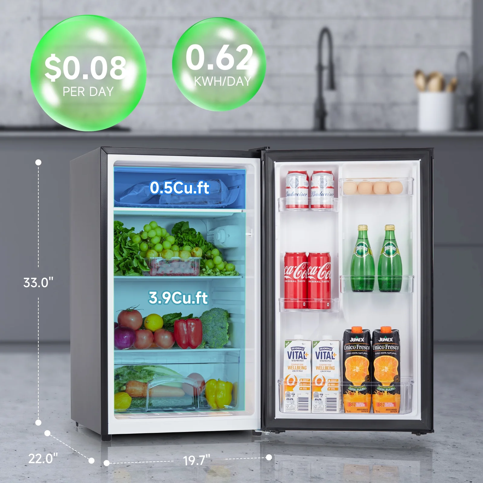 4.4 Cu.Ft Mini Fridge with Freezer, Compact Freezer Compartment, 5 Adjustable Thermostat Control, Low Noise