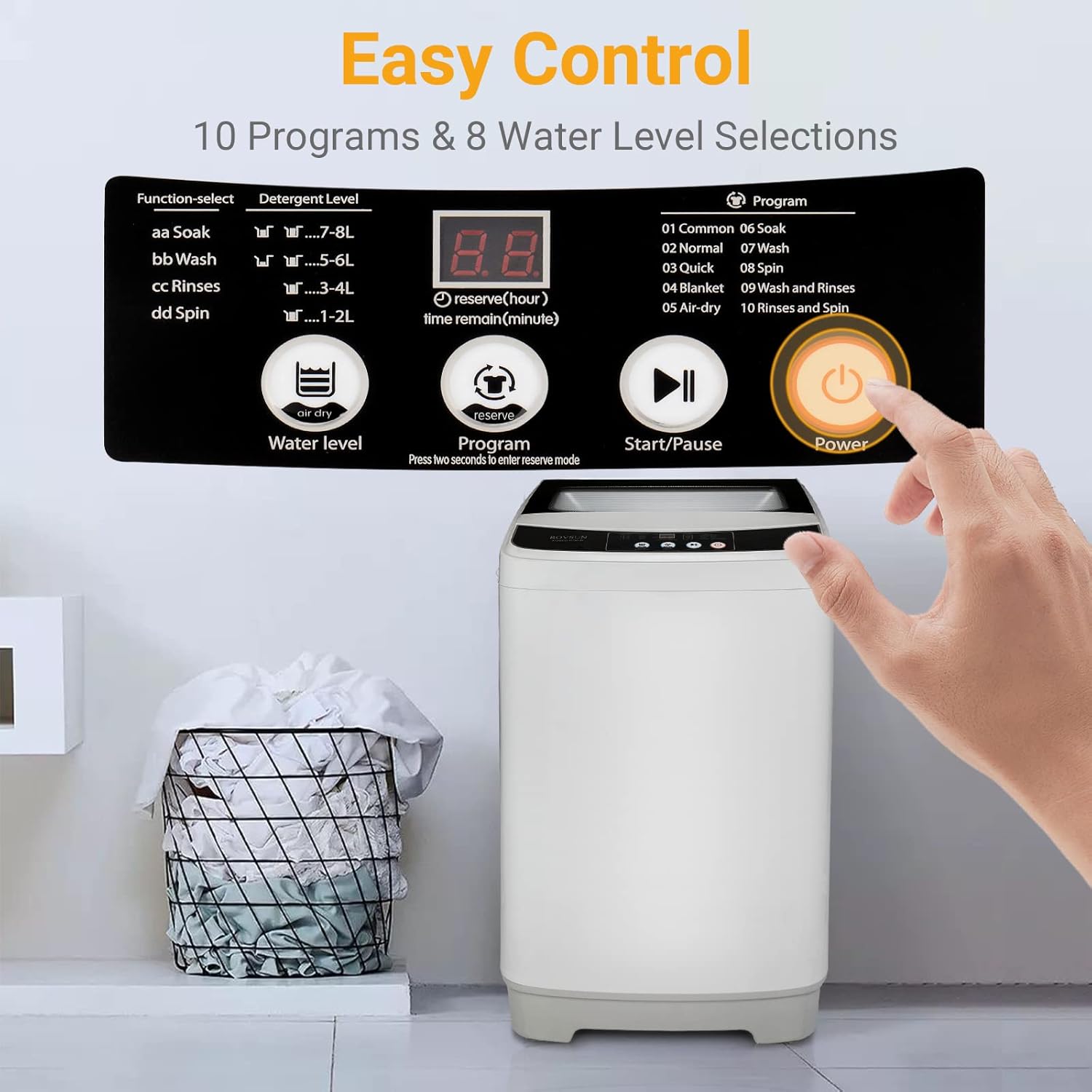 ROVSUN Portable Washing Machine, 1.32cu.ft Compact Washer, 13LBS Fully-Automatic Laundry Washer with Drain Pump & 10 Programs 8 Water Levels