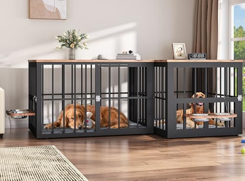 YITAHOME 88.6" Large Corner Dog Crate Furniture for 2 Dogs, Large Wooden Dog Kennel with Dog Bowls & 3 Doors