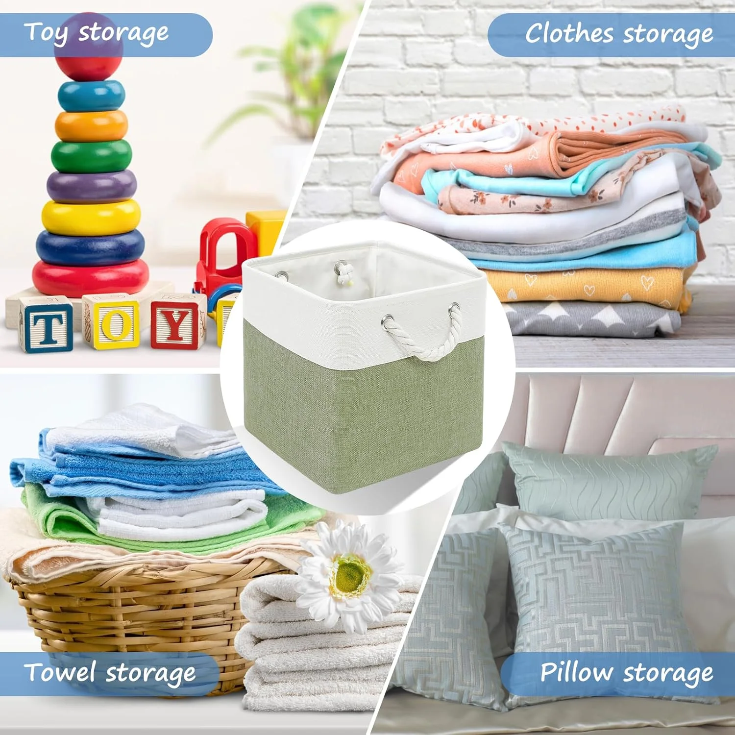 Fabric Cubes Storage Basket, 6 Pack 11x11 in with Handles Foldable Cube Storage Bins, for Shelves, Home, Office, Nursery Organizers (White/ Green)