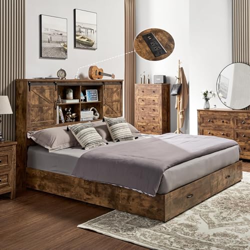 VanAcc Full Size Bed Frame, Wooden Platform Storage Bed with 51.2" Bookcase Headboard, 2 Drawers