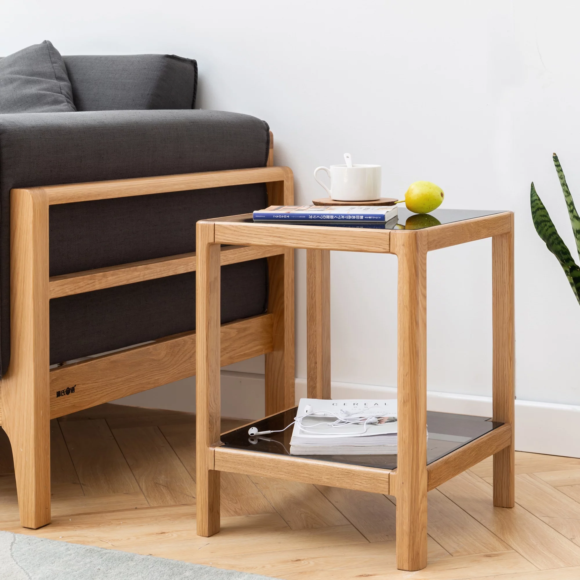 aixvx Natural Oak Wood End Table with Tempered Glass for Living Room, Dinning Room, or Bedroom
