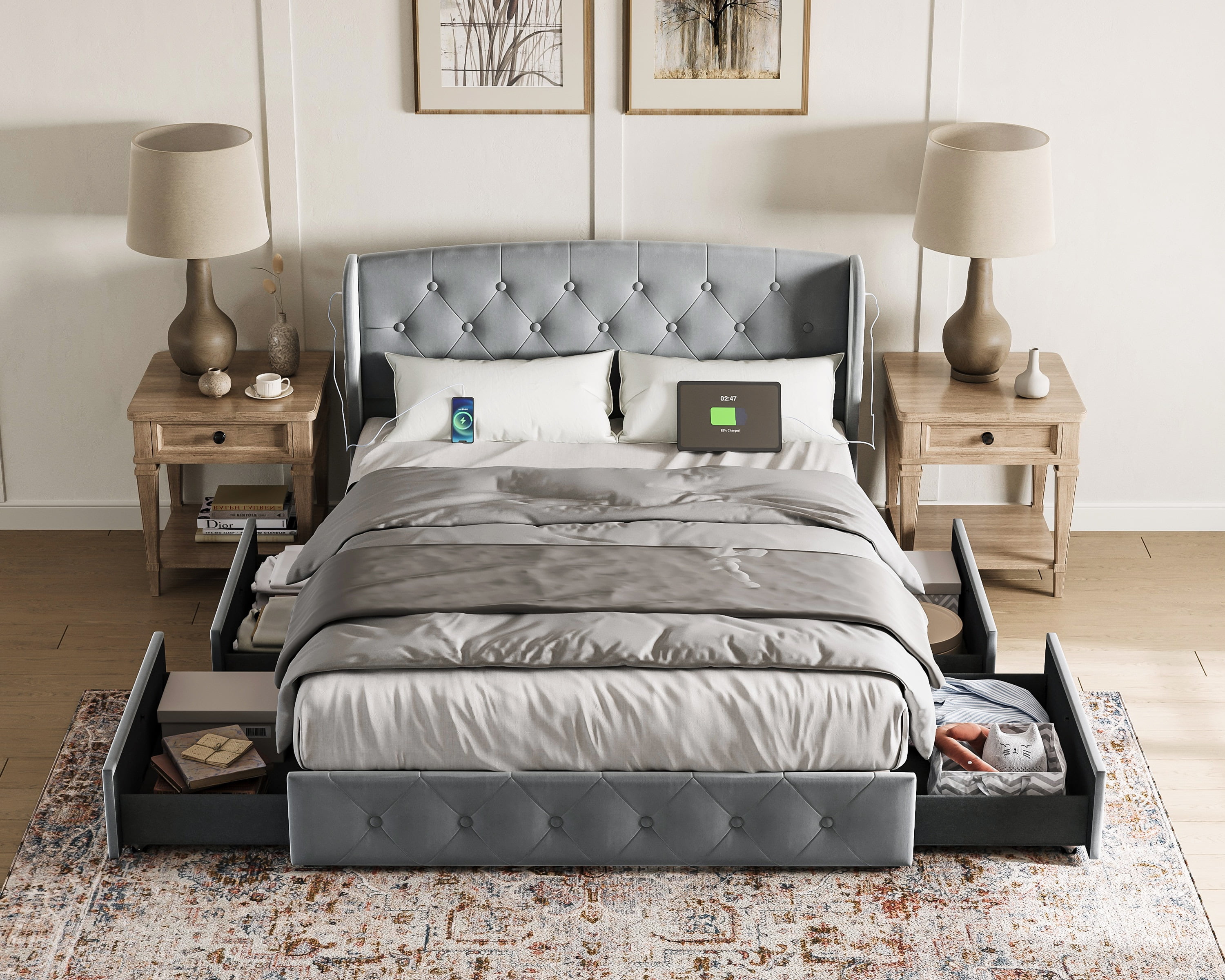 Linsy Home Upholstered Full Size Platform Bed Frame with Headboard and 4 Storage Drawers, Storage Bed with Remote RGB Lights & Fast Charger