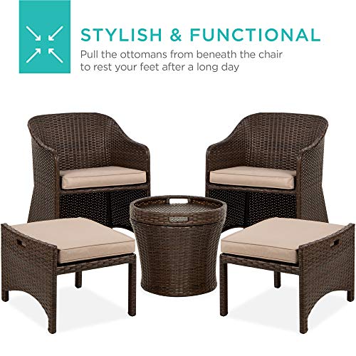 Best Choice Products 5-Piece Outdoor Patio Furniture Set, No Assembly Required Wicker Conversation Bistro & Storage Table for Backyard, Porch