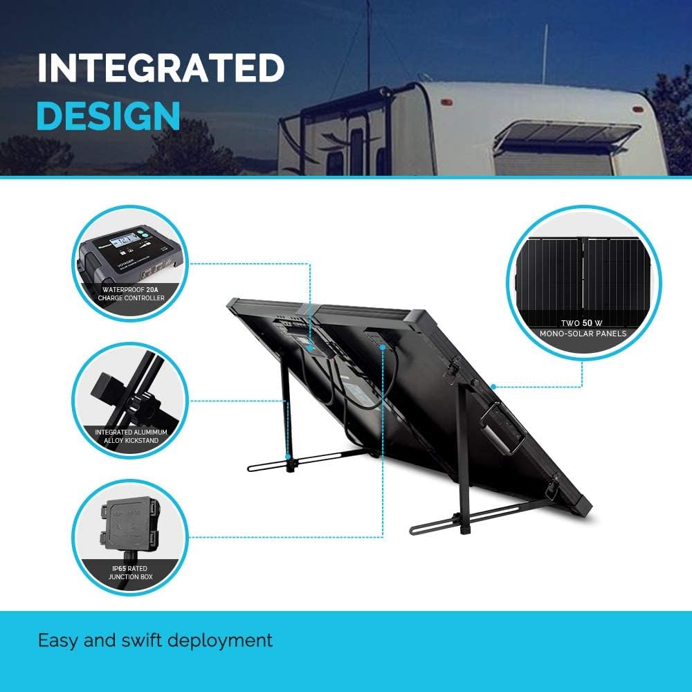 Renogy 100W 12V Monocrystalline Off Grid Portable Foldable 2pcs 50W Solar Panel Suitcase Built-In Kickstand