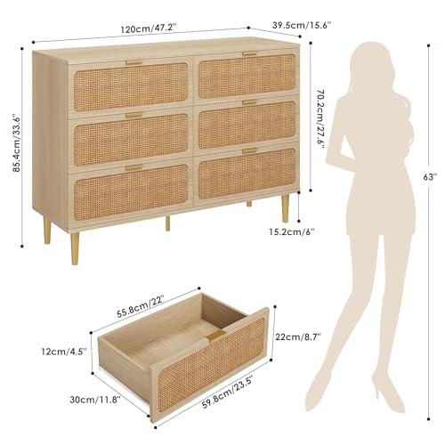 Rattan 5 Drawer Dressers for Bedroom, Tall Dresser with Deep Drawers, Large Chest of Drawers for Closet with Wide Top