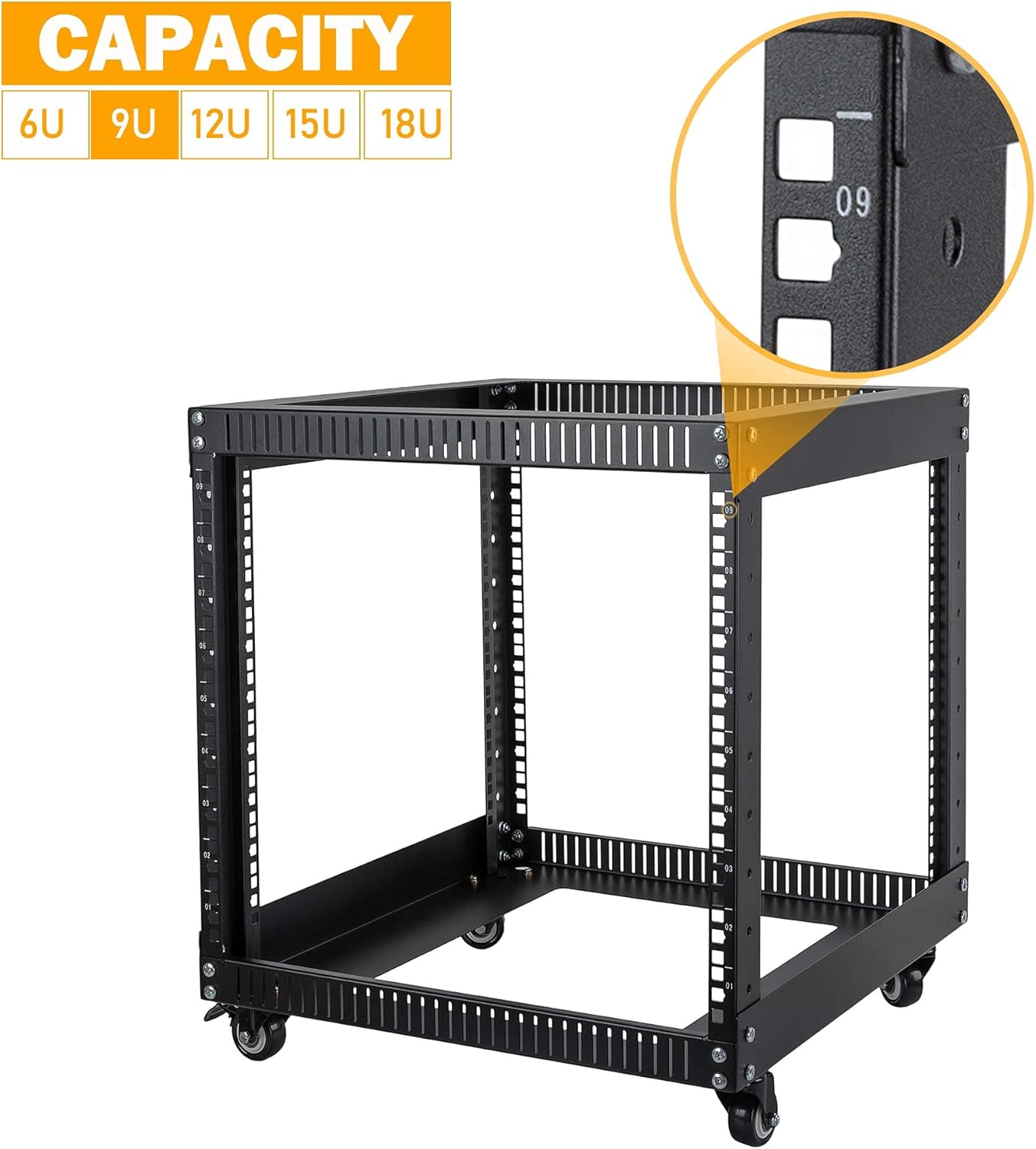 RIVECO 9U Open Frame Server Rack with Casters- Heavy Duty 4 Post Quick Assembly 19-inch, Stereo Rack Network Cabinet Black