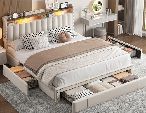 EnHomee Queen Bed Frame with 3 Storage Drawers, Upholstered Bed Frame Queen Size with 2-Tier Storage Headboard, Wooden Slats, No Box Spring Needed