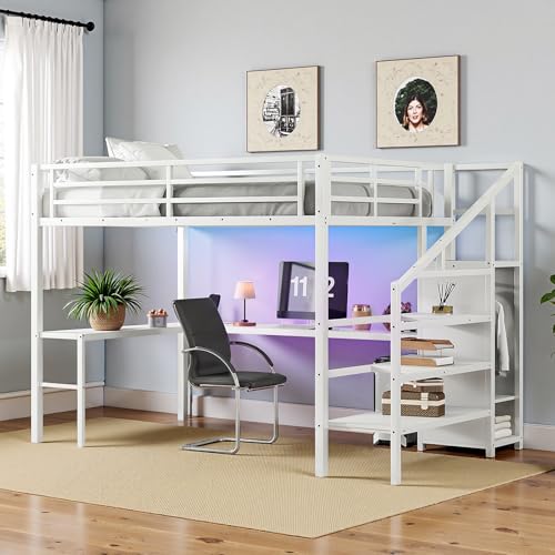 Full Size Metal Loft Bed Heavy-Duty Loft Bed Frame, LED Loft Bed Frame with L Shaped Desk, Wardrobe, Storage Stairs